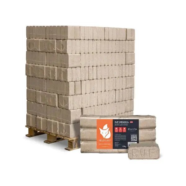 Heizfuxx RUF Holzbriketts Hartholz – 960 kg Palette (96×10 kg), Heizwert ≥4,8 kWh/kg, RUF-Form Heizfuxx